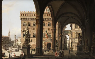 Blick von der Loggia dei Lanzi zum Palazzo della Signoria in Florenz